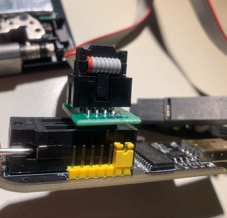 Assembled CH341A inline interface setup configured with data link extensions
