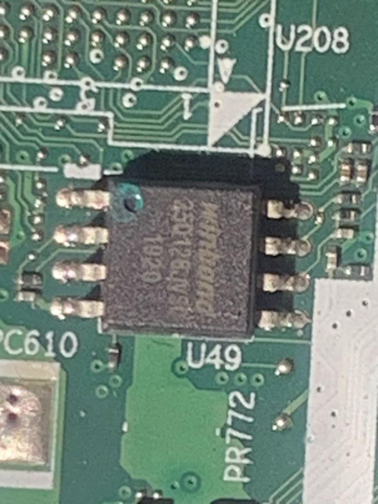 BIOS closeup of another version of a motherboard with the WinbondBIOS chip labelled as U49