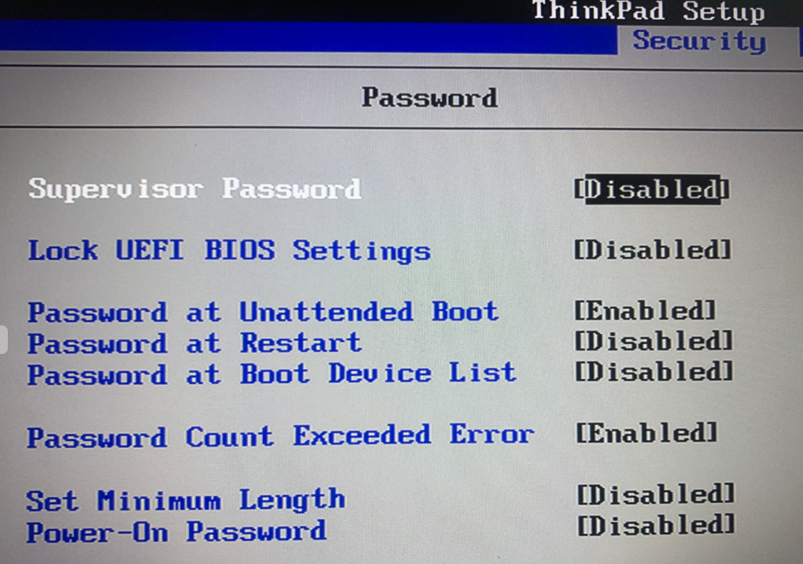 Completely unlocked and operational administrative ThinkPad configuration workspace